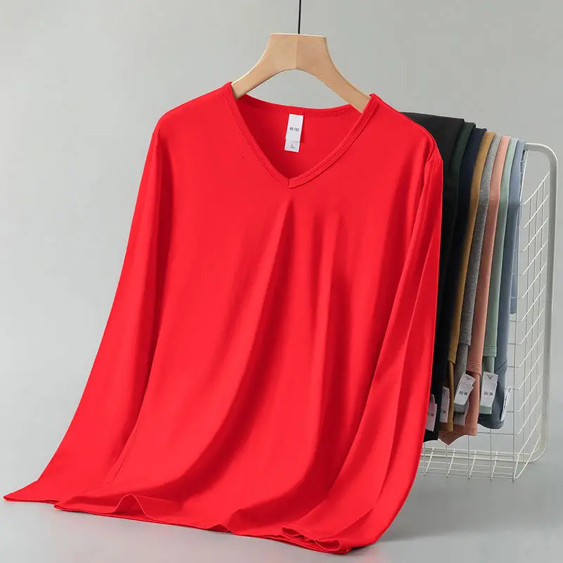 Arrival Mens Casual V-Neck T-Shirts Spring Autumn Long-Sleeve Modal Cotton Solid Color Undershirts Thin Autumn Clothes 250704