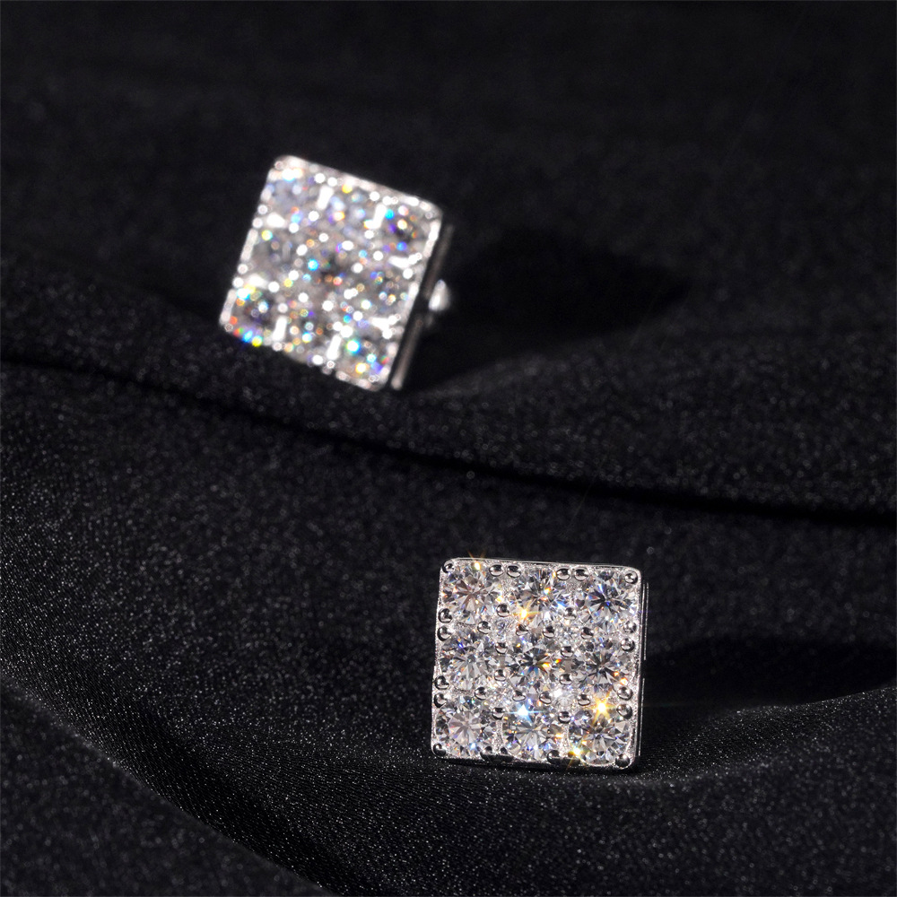 New Design Hip Hop GRA Certificate 925 Sterling Silver Square VVS Moissanite Diamond Stud Earrings