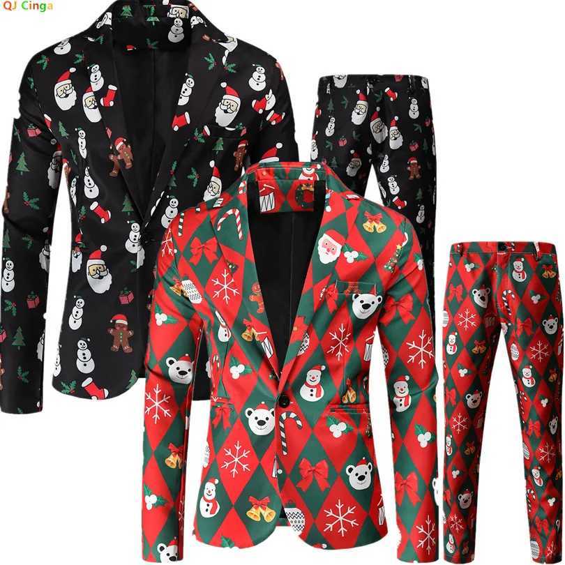 Christmas Mens Suit Two Piece Green and Red Printed Jacket with Trousers Fashion Casual Mens Sets X250704