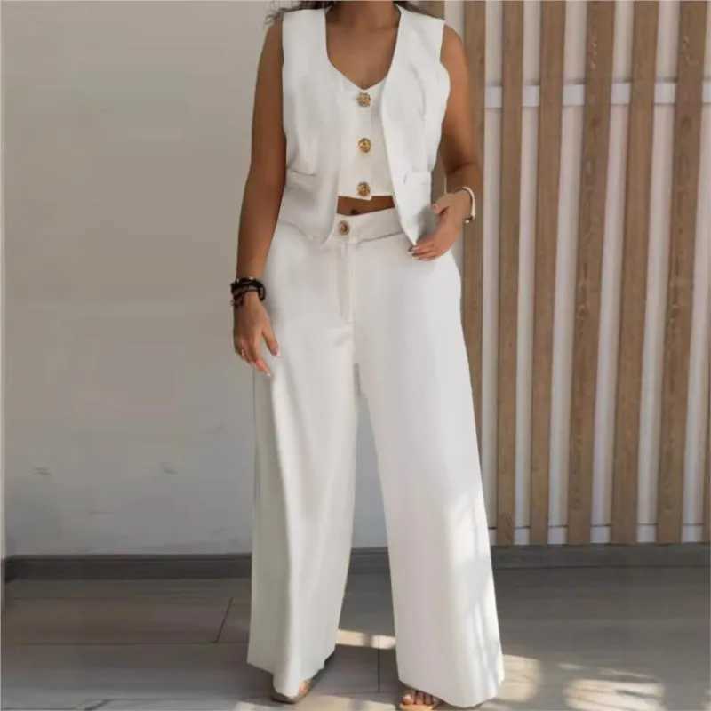 Womens Casual Vest Long Pants Set Summer New Fashion White Black Slveless Short Tank Top And Wide Leg Pants Thr Pieces Sets X250704