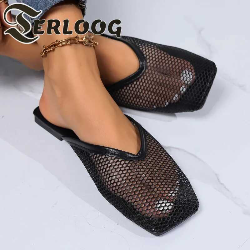 2025 Summer Flats Mules Women Slippers Mesh Sandals New Square Toe Slingback Shoes Fashion Beach Walking Flip Flops Women Slides W250704