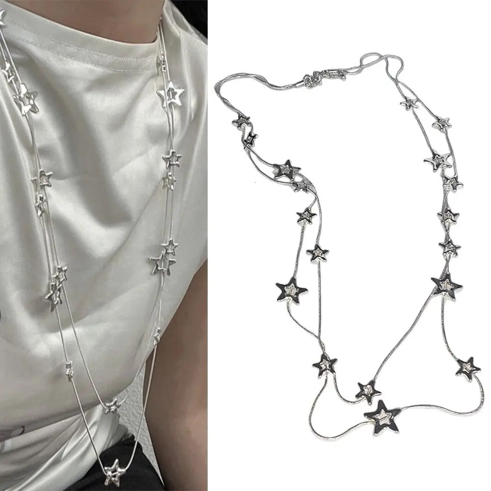 Alloy Pentagram Star Pendant Silver Color Punk Long Chain Necklace Double Layer Y2K Style Choker 250701