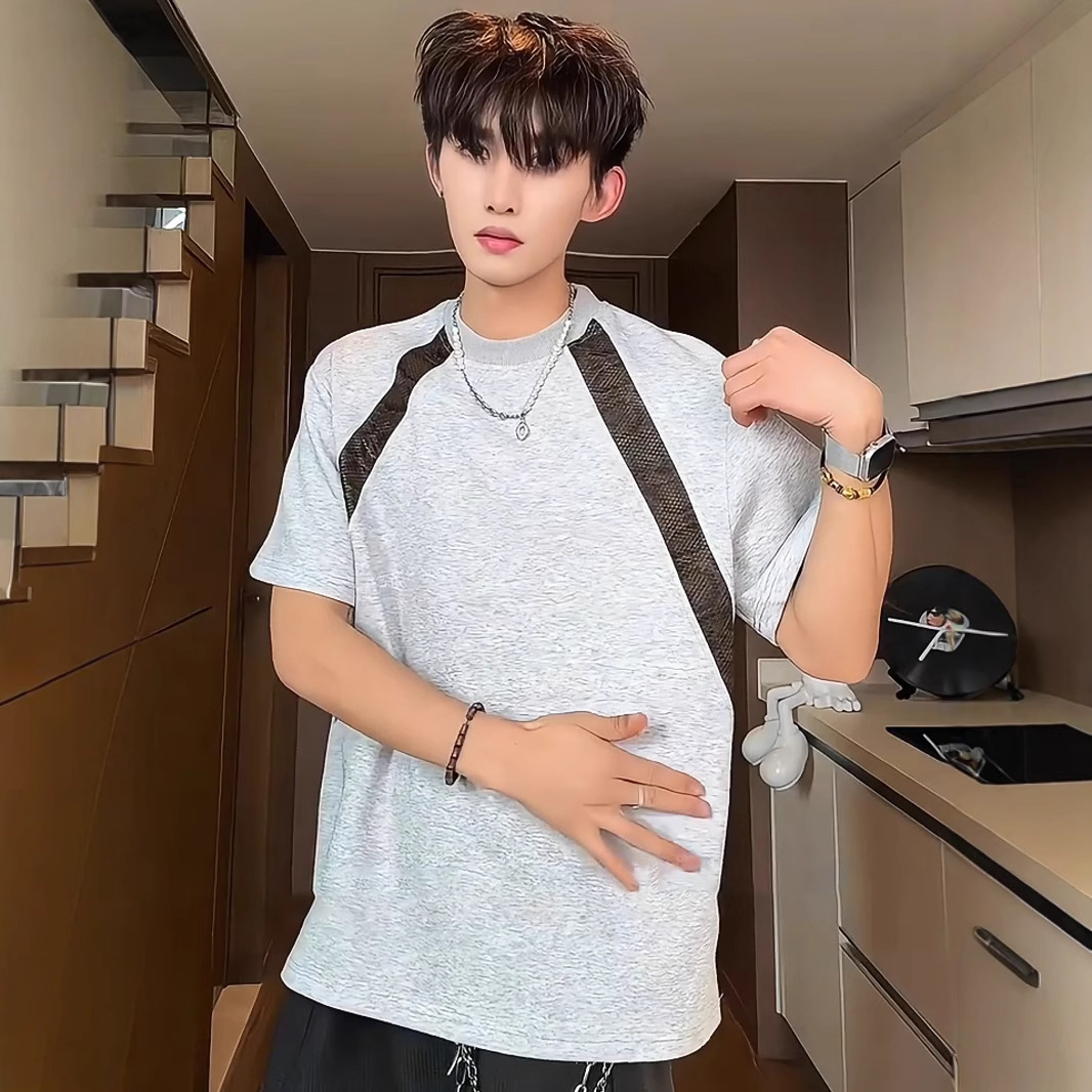 American Style Regular Shoulder Short Sleeve Men's 2025 Summer New Trendy Brand Patchwork Designer Short Sleeves Design T-shirt Boxy Half Sleeve