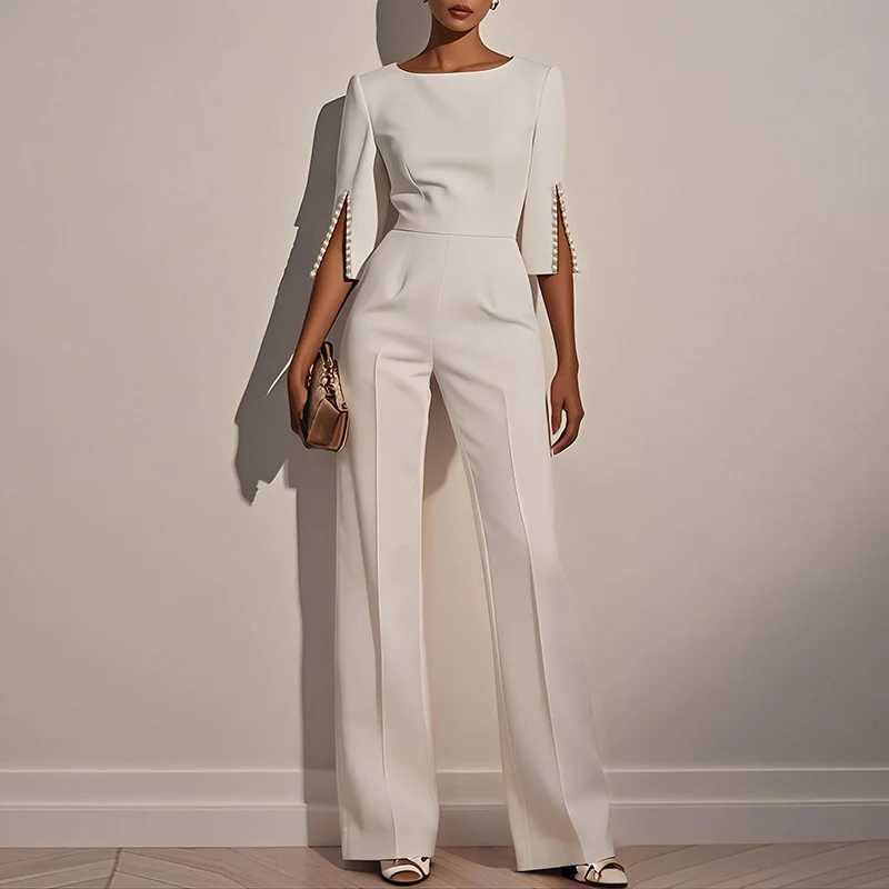 Krisstargirl Summer Urban One Piece Jumpsuits for Woman 2025 New Pearls Split-joint Long Pant Office Lady Baggy Rompers Women X250704