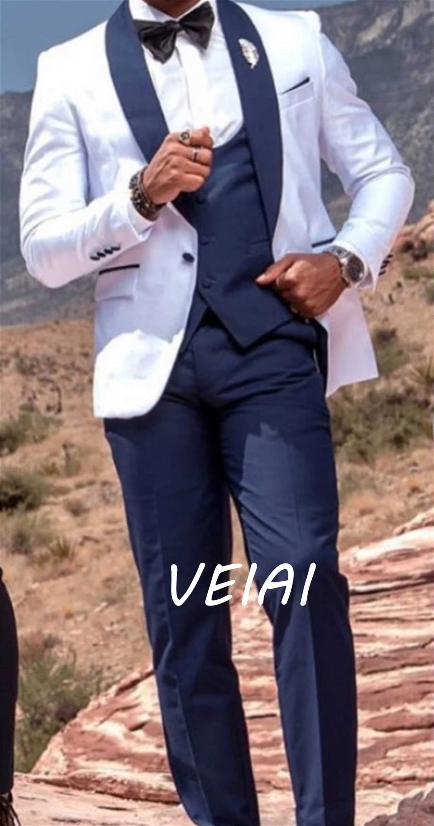 Men Suits Navy Blue and White Groom Tuxedos Shawl Lapel Groomsmen 3-Piece Set (Jacket + Pants + Vest) X250704
