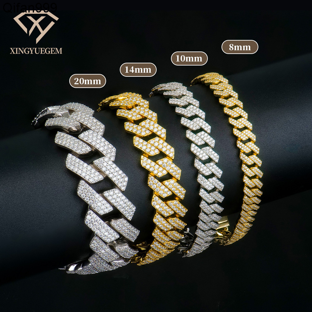 Wholesale Custom 8 10 12 14 18 20 mm 925 Sterling Silver Hiphop Jewelry Iced Out Diamond Moissanite Mossanite Cuban Bracelet
