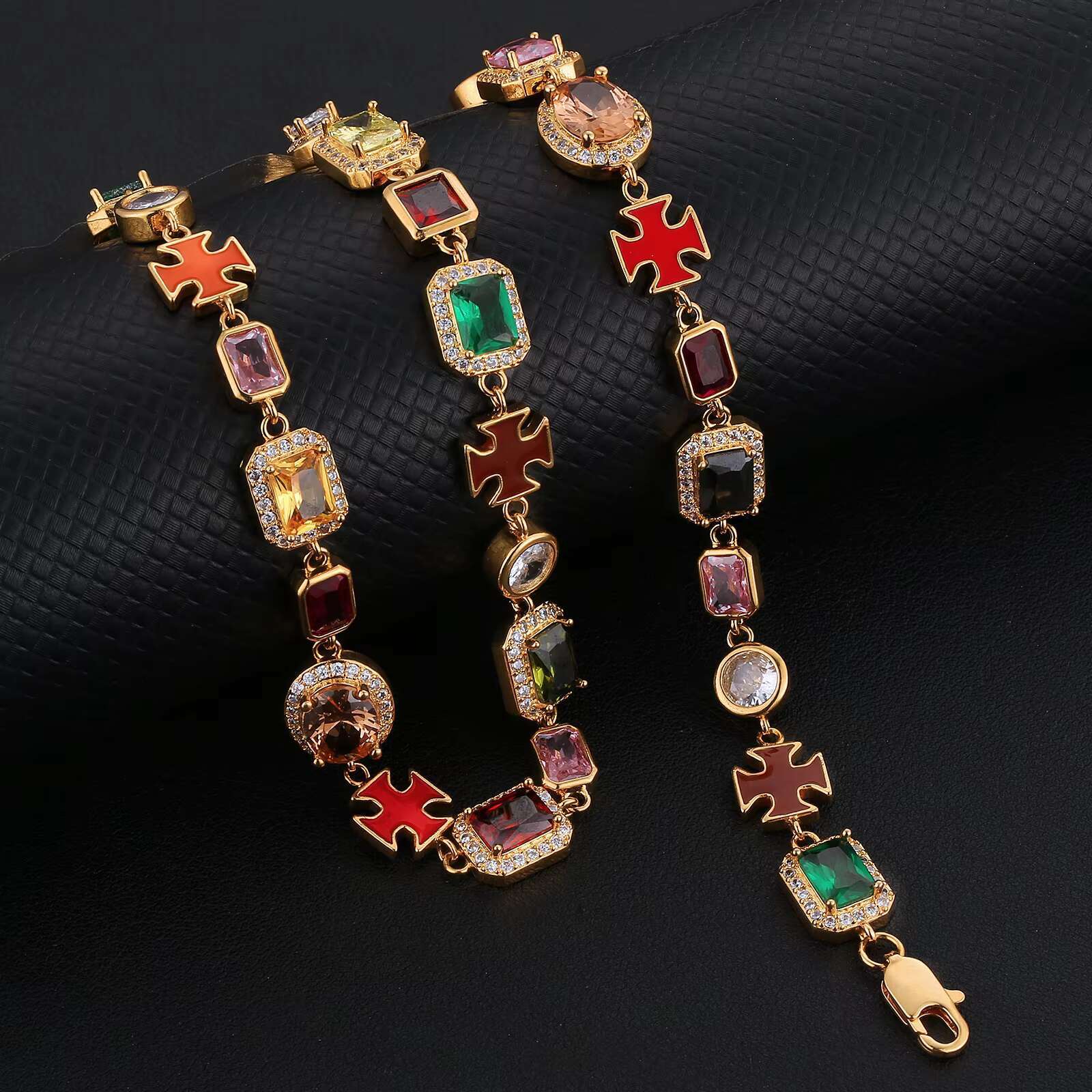 Gorgeous Mixed Gemstone Cross Tennis Chain 5A CZ Enamel Gem 18K Gold Plated Vintage Multi Colored Jewelry Necklace for Women Men