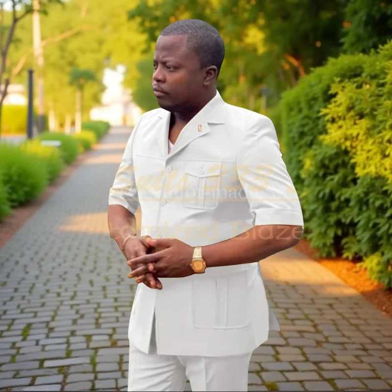 Safari Men Suits with Short Sleeve 2 Pieces Single Breasted Stand Notch Lapel African Fashion Style Set Jacket Pants X250704