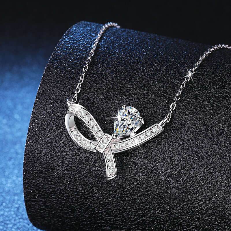 S925 Pure S925ier Pendant Women'S925 Necklace Light FaS925hion Bowknot MoiS925S925anite 1 caratS925 Clavicle Chain 669