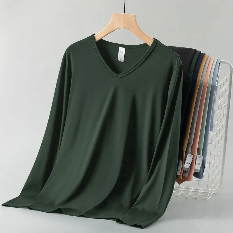 Arrival Mens Casual V-Neck T-Shirts Spring Autumn Long-Sleeve Modal Cotton Solid Color Undershirts Thin Autumn Clothes 250704
