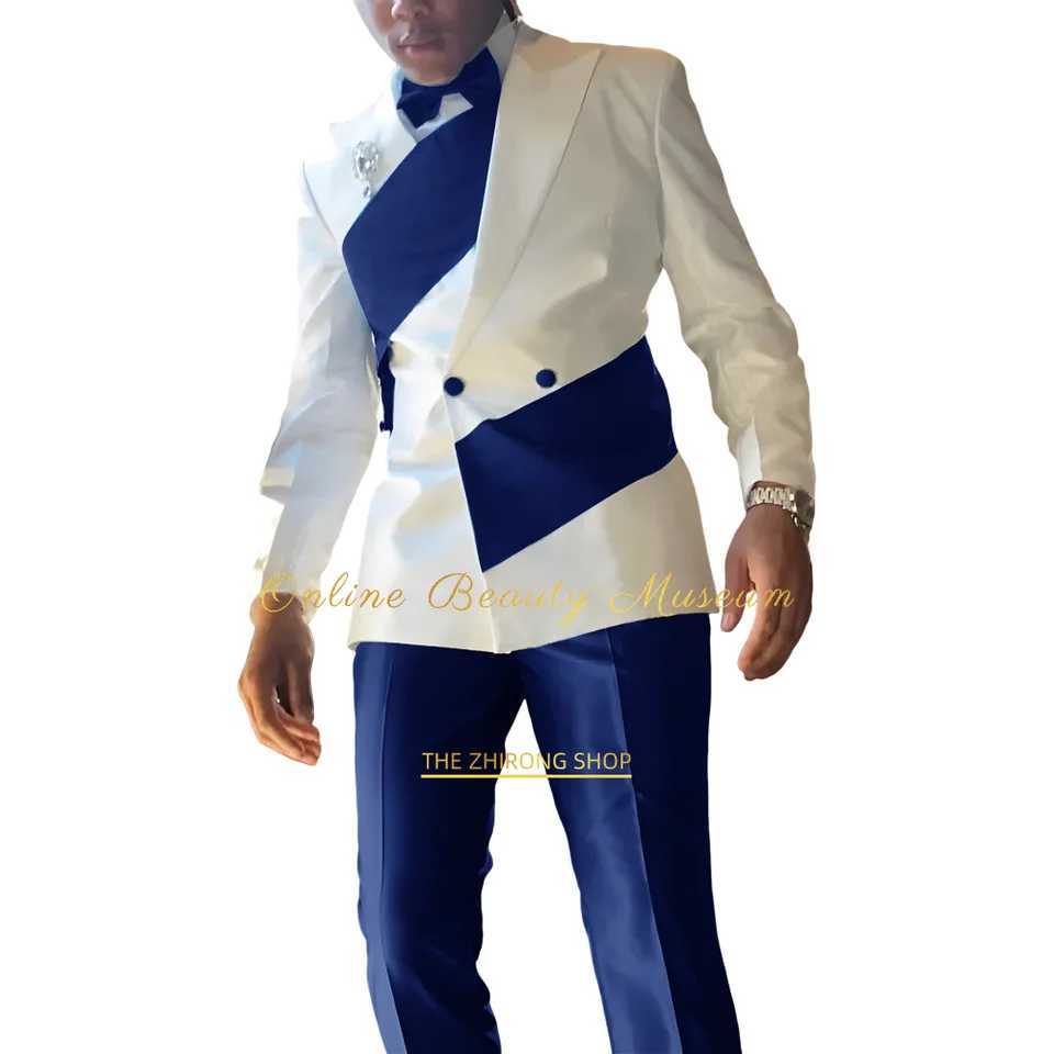 Special Design Mens White Royal Blue 2-Piece Suit (Blazer+Trousers) Double Breasted Peaked Lapel Business Wedding Groom Wear X250704
