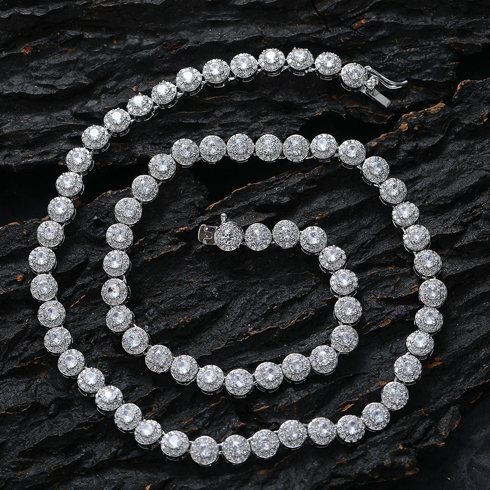 Hip hop necklace 6mm round rock sugar zircon necklace copper inlaid with zirconium single breasted round rock sugar chain for men
