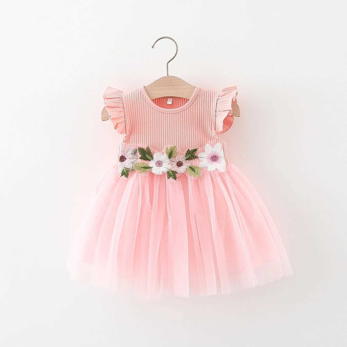 Summer New Waist Line Flower Mesh Yarn Skirt Girls Flying Sles Knitted Pit Stripe Small Skirt Spld Dress R250704