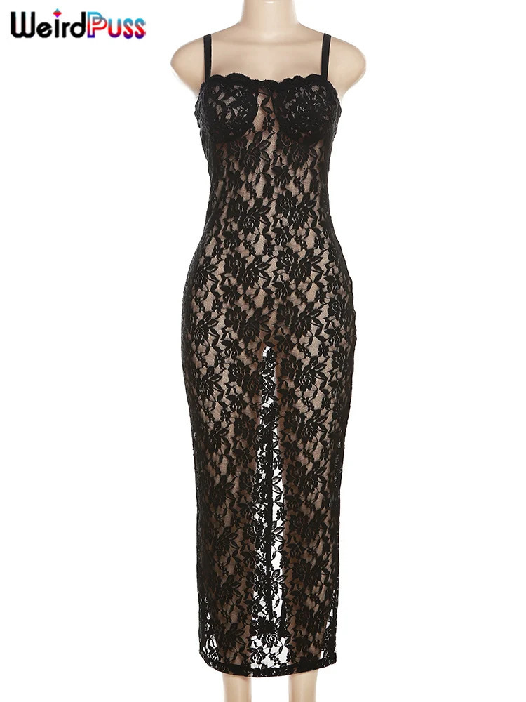 Weird Puss Lace Black Women Maxi Dress See Through Sleeveless Ladies Sexy Coquette Nightclub Party Bodycon Slim Fit Dresses 250704