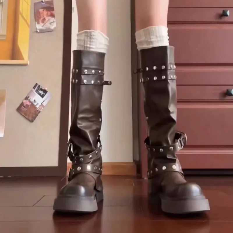 Women Boots Platform Trouser Legs High Boots Trend Punk Gothic Shoes New Rock Leather Fashion Womens Shoes Motorcycle Footwear Z250704