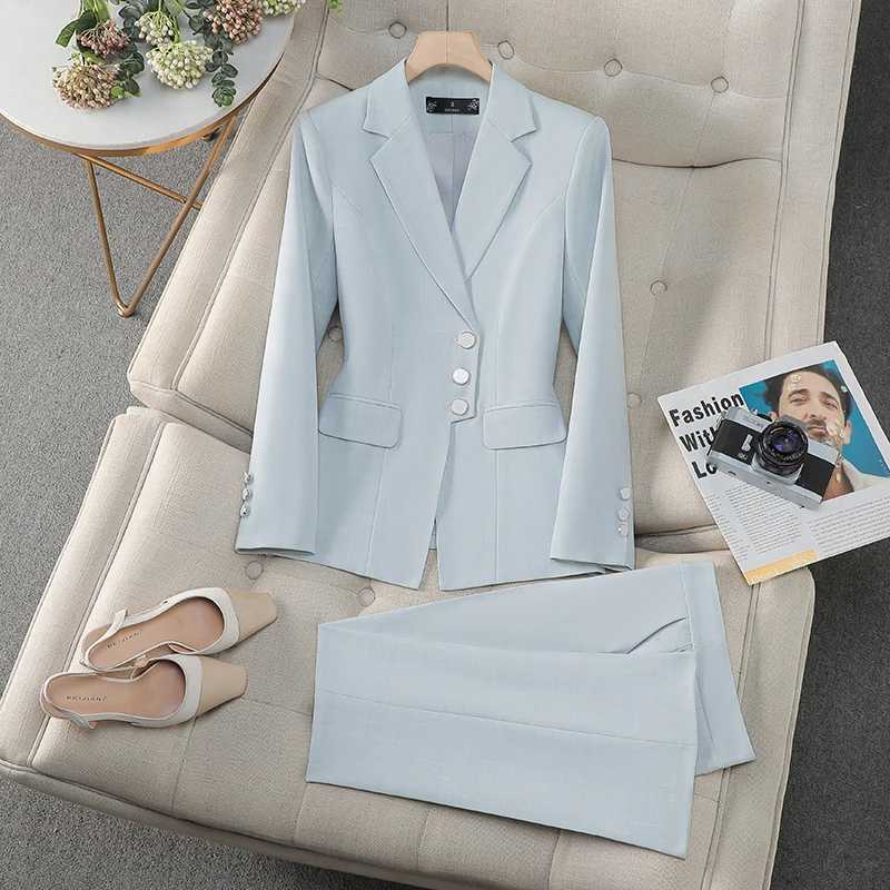 ZJYT Elegant White Blue Women Pant Suit Office Ladies Female Business Work Wear 2 Piece Set Formal Blazer Jacket and Trouser Set X250704