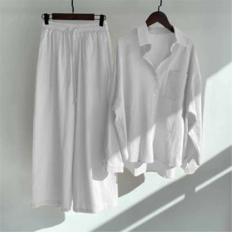 Cotton Linen Two Piece Set For Women Autumn Fashion Casual Long Slve Shirt Wide Leg Pants Suit Elegant Office Lady Outfits X250704