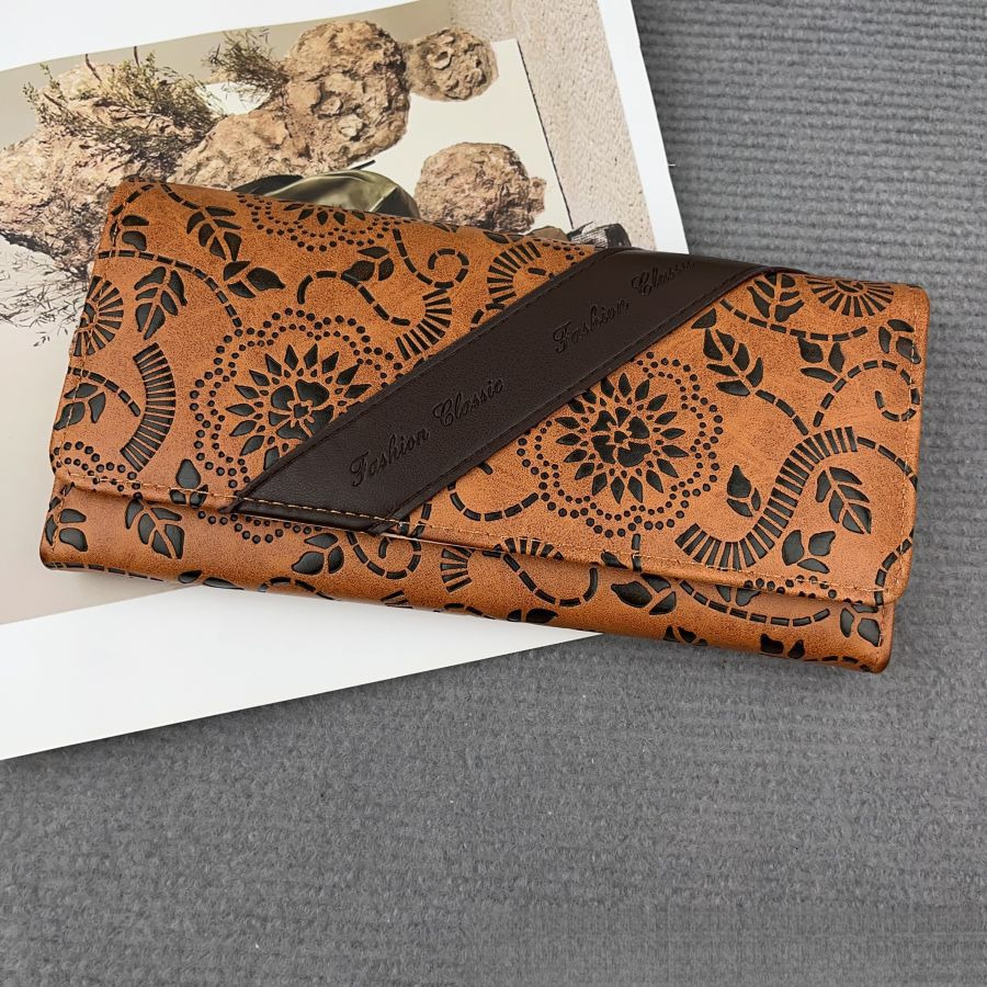 Free Shipping Designer Bag Women's Long Wallet Premium Leather Embossed Retro Chinese Style Clutch Fashion Simple Color Block