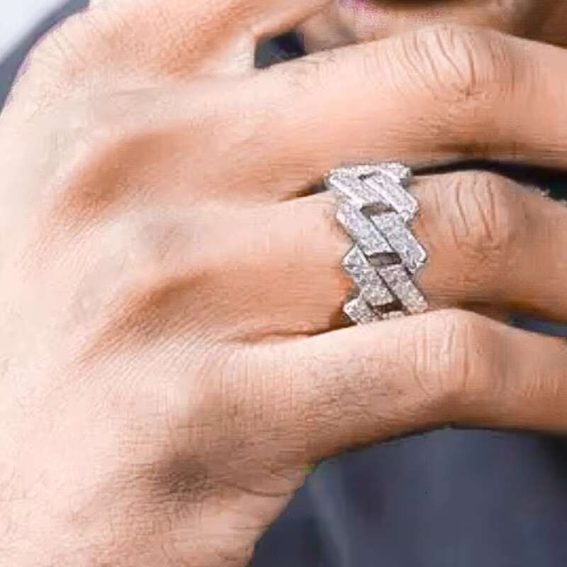 Pass Diamond Tester Hip Hop Bling D Color Moissanite Iced Out Mens 2 Rows Cuban Link Ring With 925 Sterling Silver GRA