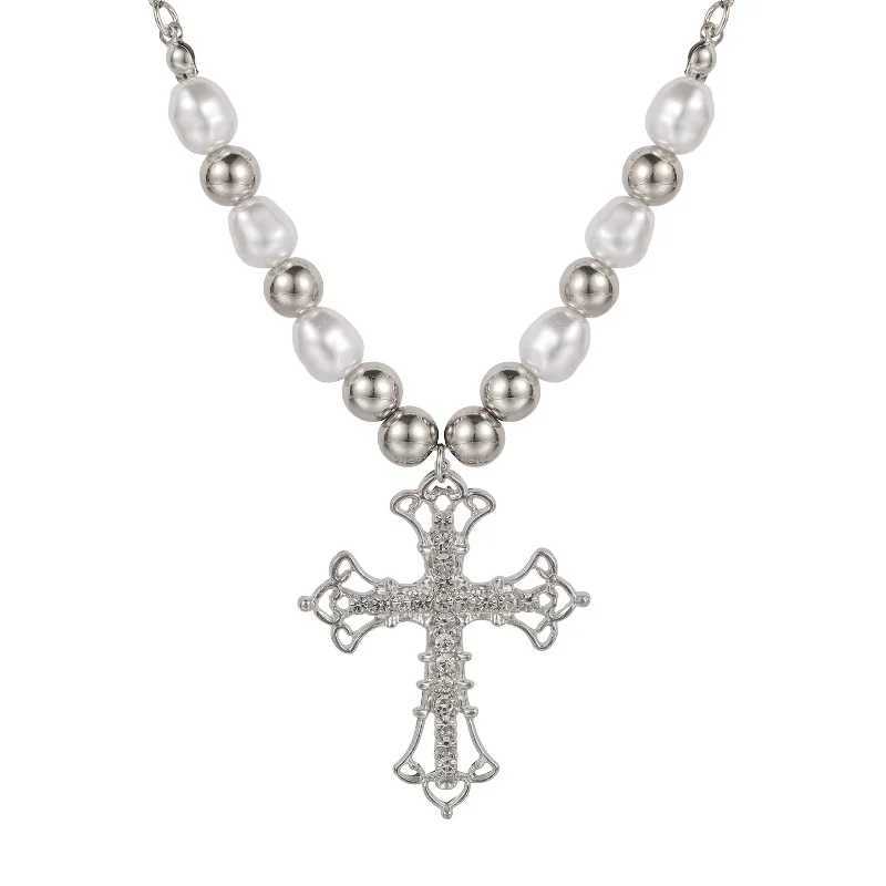 2025 Hot Selling Y2K Punk Pearl Cross Pendant Necklace For Womens Hip Hop Cool Zircon Party | Banquet Fashion Jewelry Gift Y250704