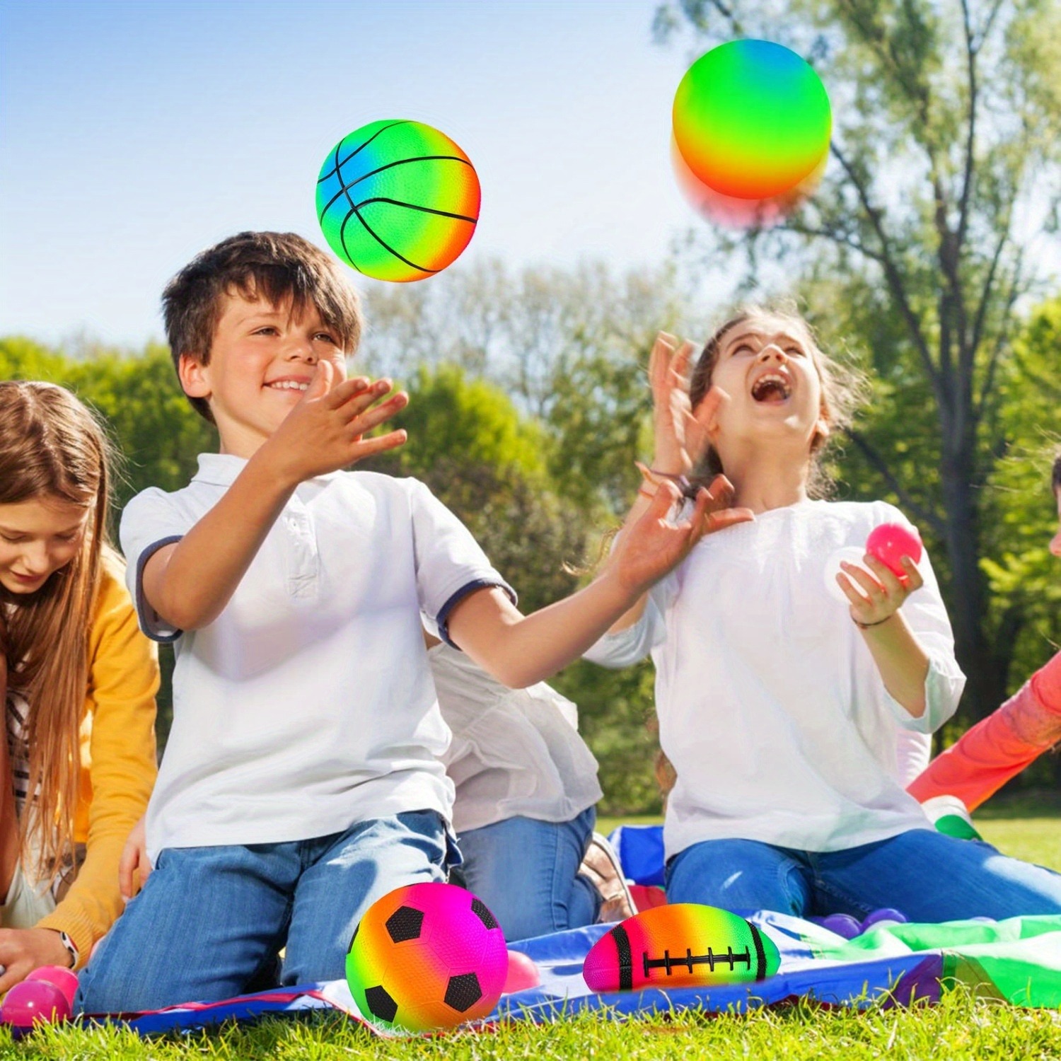 4 PCS Rainbow Sports Balls Set with Pump - 6" Football, Basketball, Soccer & Playground Balls, Summer Toy for Indoor/Outdoor Games - Perfect for 