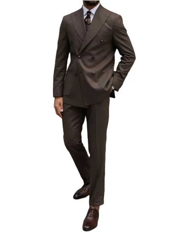 2 Pieces Slim Fit Mens Suit Double Breasted Peak Lapel Coffee Suit Jacket Trousers Business Formal Prom Dinner Wedding Tuxedos X250704