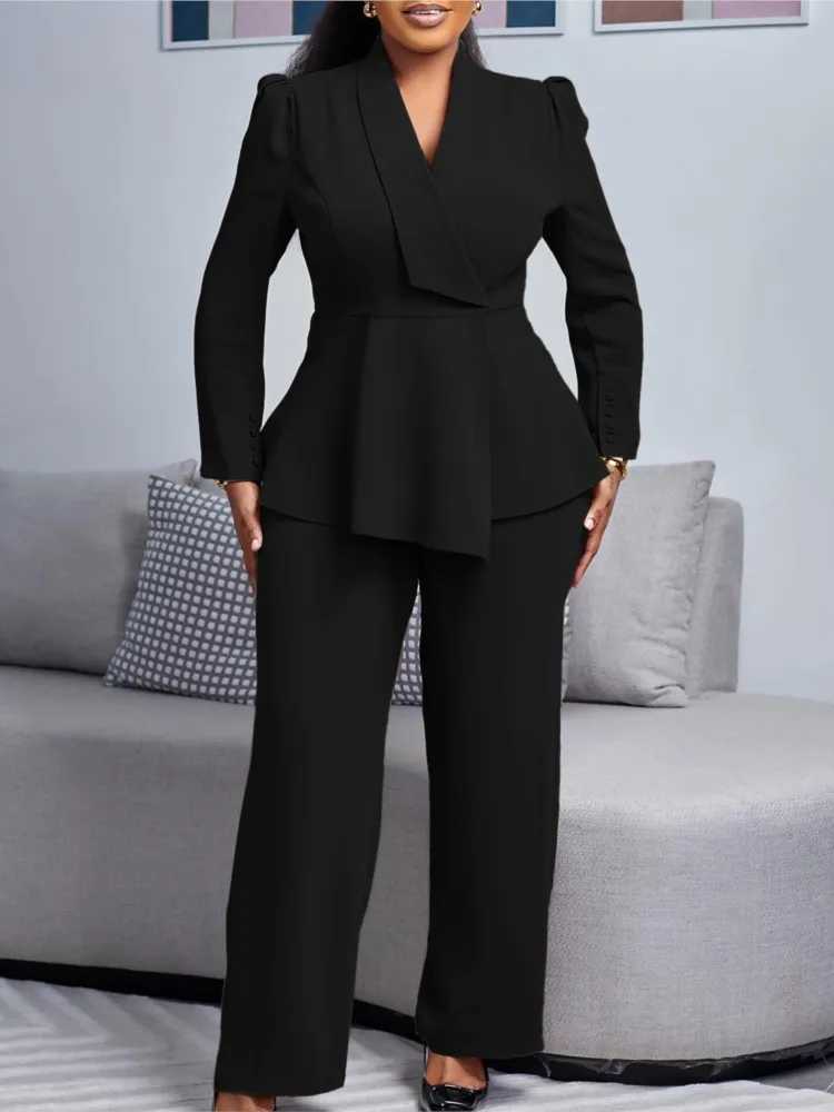 Women Two Pieces Set Elegant Long Slves Tops High Waist Pants Trousers Modest Peplum Office Ladies Work Wear Business Suit New X250704