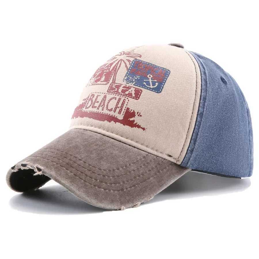 Mens Cap Summer Beach Sun Hat Wen Adjustable Washed Cotton Retro Ripped Baseball Cap Fashion Printing Hip Hop Snapback Hats X250704
