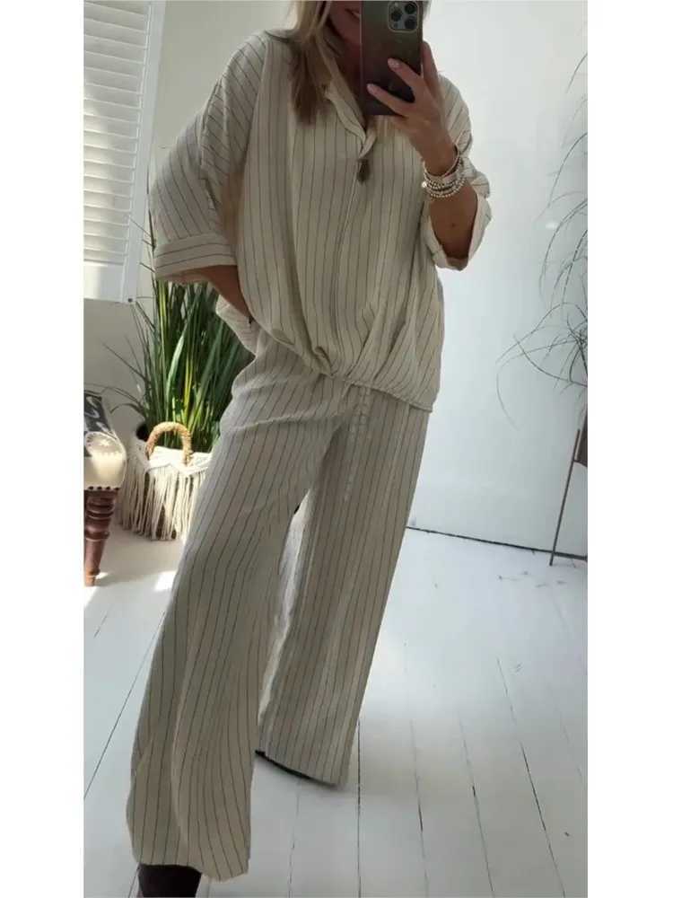 Fashion Striped Print Two Piece Set Womens Suit Loose Lapel Long Slve Top And Pants Sets Ladies Spring Autumn New Outfit X250704
