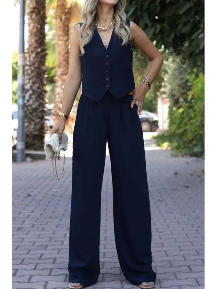 casual slveless suit set office lady spring summer elegant slim v-neck blazer tops pants two piece set women outfit 2024 X250704