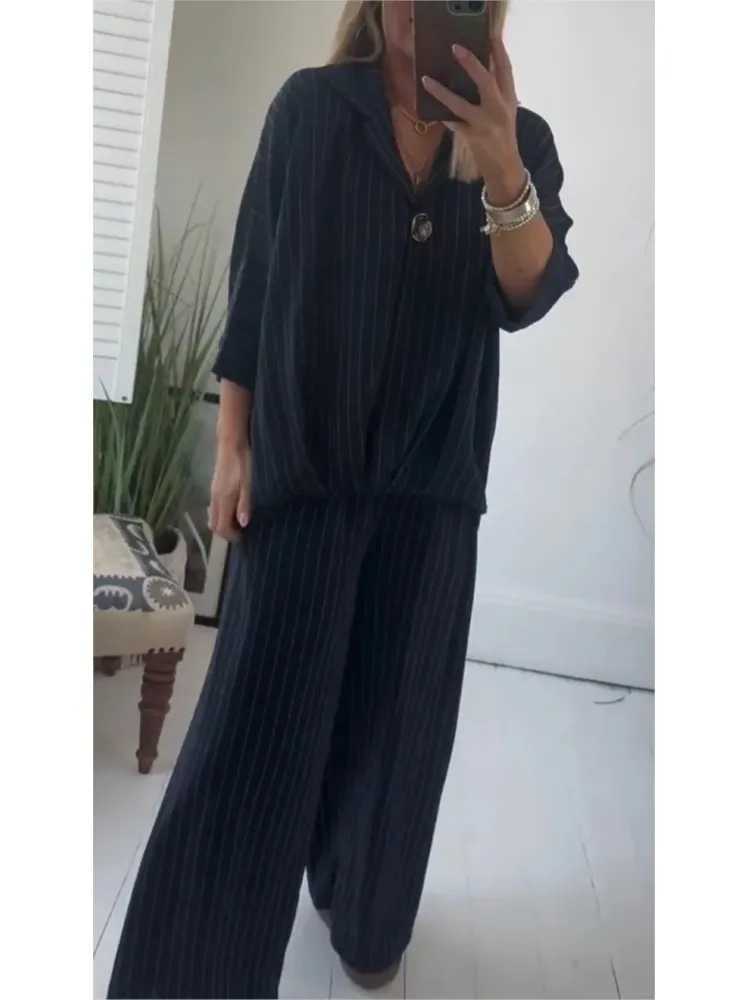 Fashion Striped Print Two Piece Set Womens Suit Loose Lapel Long Slve Top And Pants Sets Ladies Spring Autumn New Outfit X250704