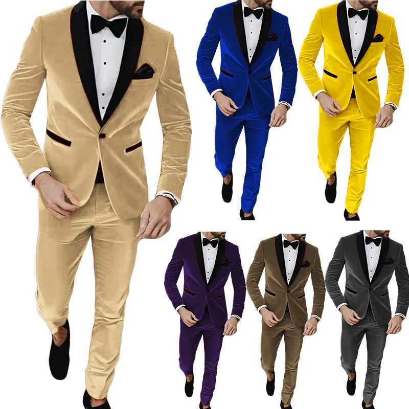 NEW Suit Korean Velvet Suits for Men 2 Pieces Blazer Pants Set Notched Lapel Mens Suit for Wedding Autumn Winter Prom Party X250704
