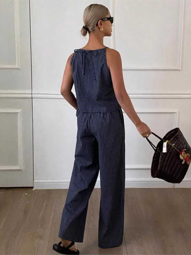 Summer Striped Print 2 Two Piece Set Women Casual Fashion Ladies Slveless Blouses Wide Leg Loose Woman Elastic Waist Pant X250704