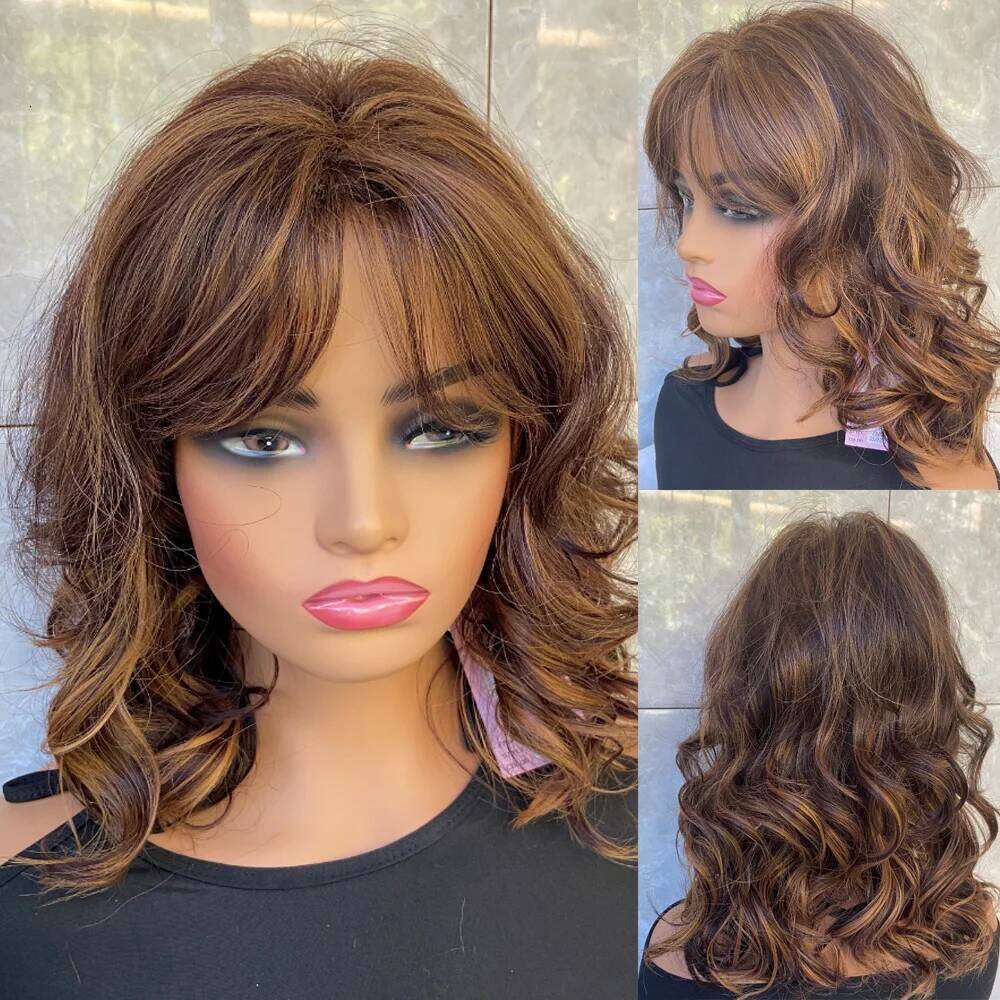 Fashiomag Wavy Brown Mix Synthetic Hair Wigs With Bangs Women Natural Daily Use Wig