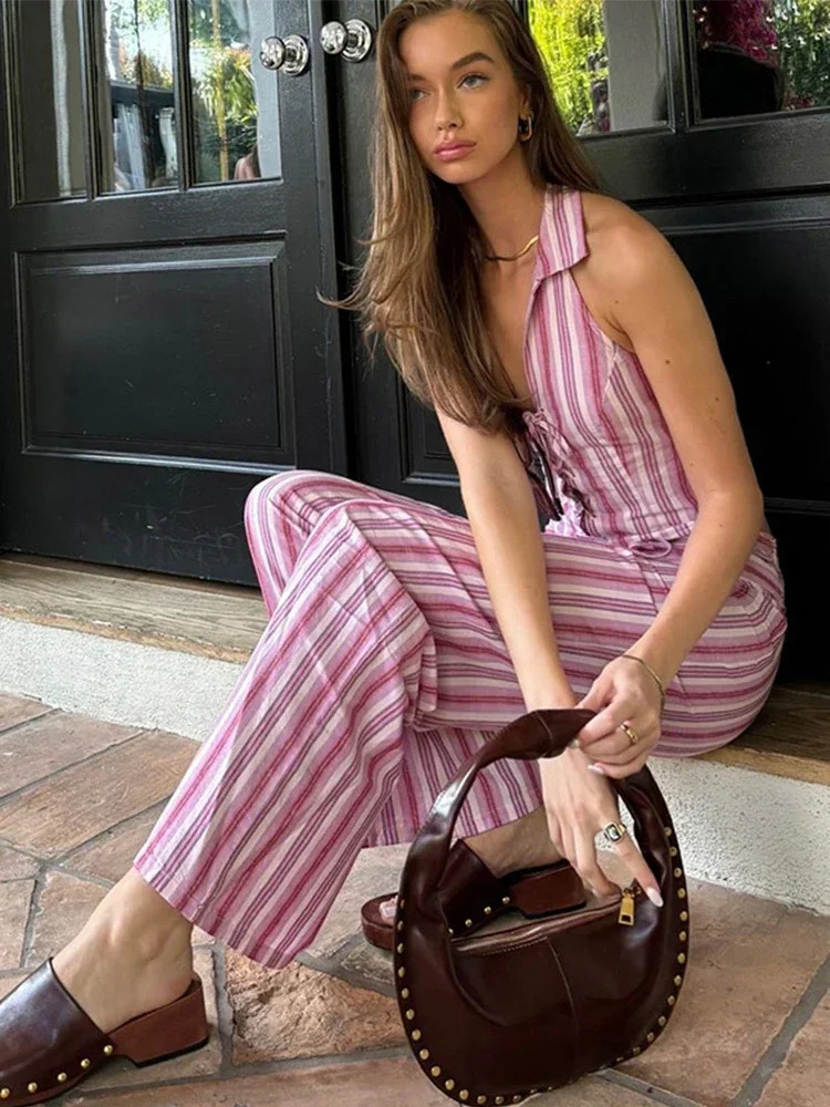 Fashion Straight Casual Womens Vest Pants Set Summer Sleeveless Backless Slim Lady Top Sets Striped Lace Up 250704
