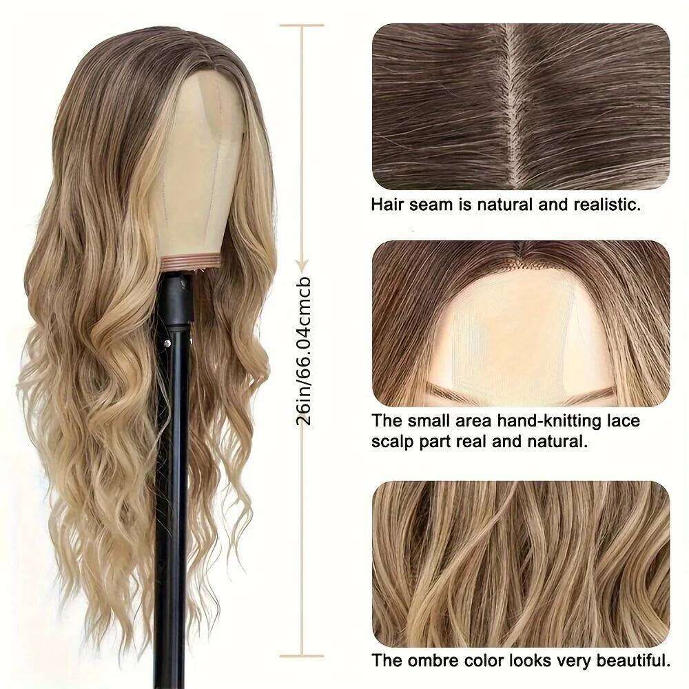 26 Inch Long Ash Women Ombre Blonde Highlight Wigs Middle Part Synthetic Lace Wig for Daily Cosplay Party Use