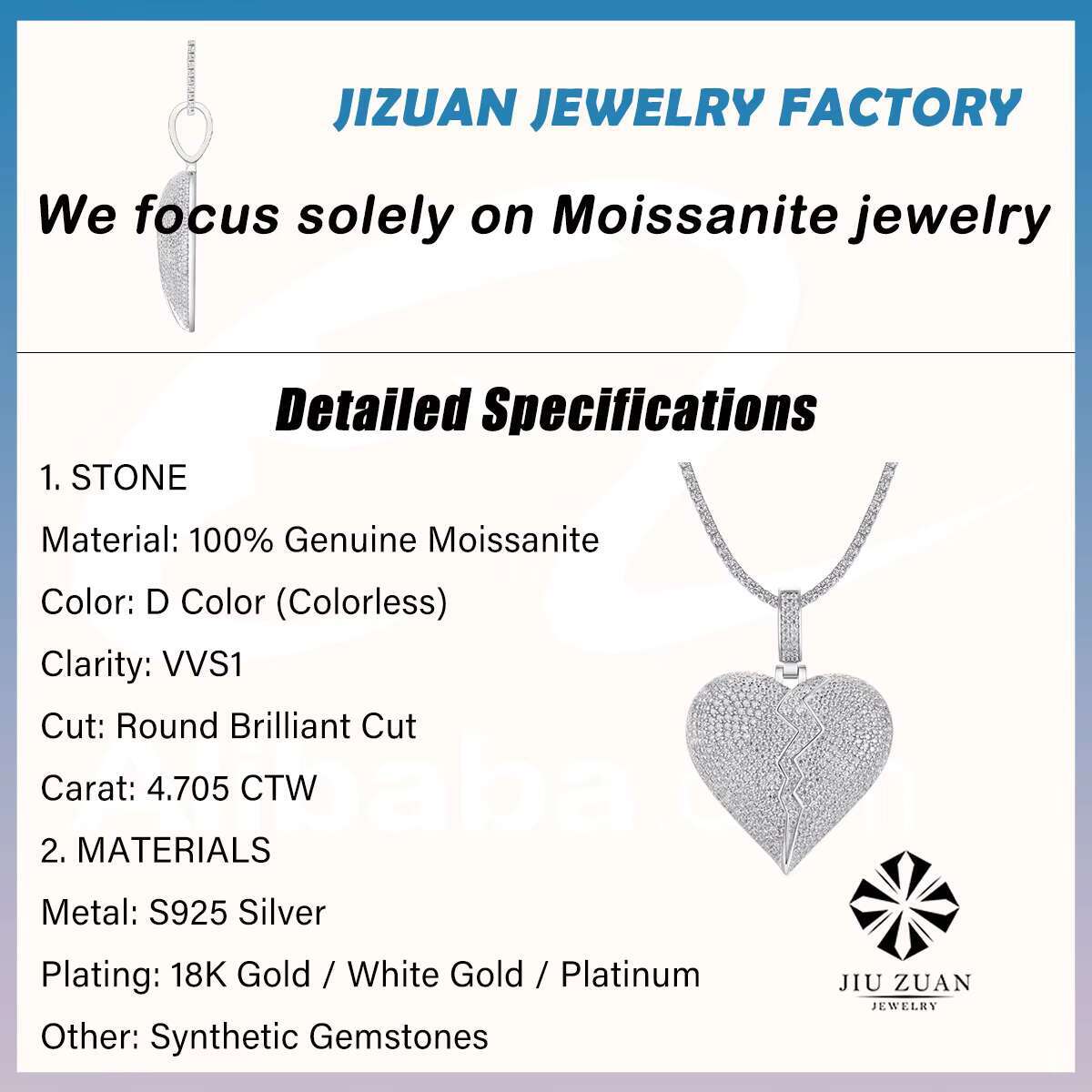 Heart Shaped Moissanite Pendant Necklace 925 Sterling Silver Full Moissanite Pave Design Broken Heart Style 18K Gold Plated