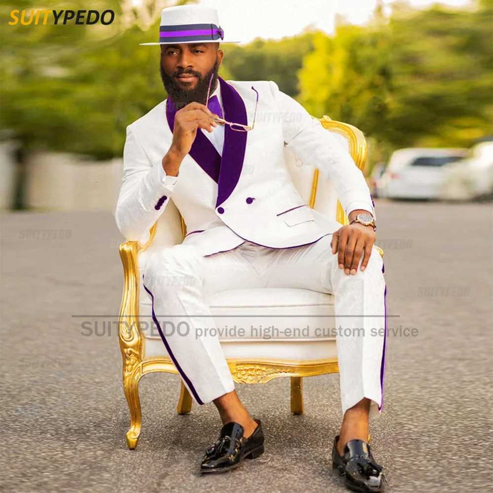 Fashion White Men Velvet Lapel Suit Sets New Design Slim Fit Blazer Pants 2 Pieces Formal Wedding Prom Groom Suit Attire X250704
