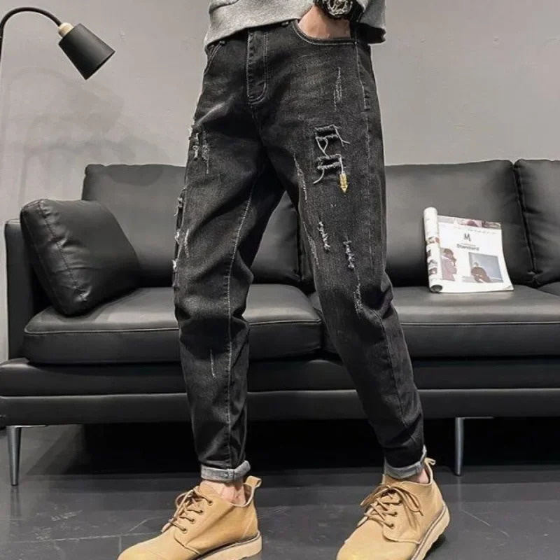 100% Cotton Tapered Hip Hop Trousers Summer Male Cowboy Pants Rock Mens Jeans 90s Streetwear Soft Premium Washed High Quality Xs 250704
