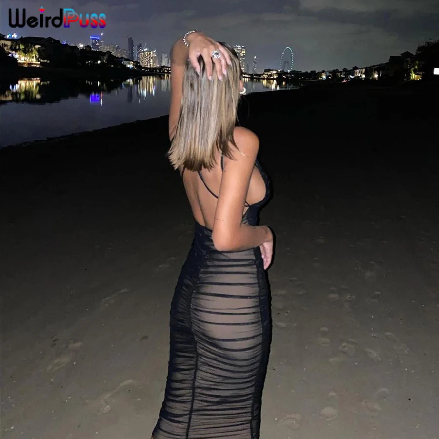 Weird Puss Summer Women Sundress Deep VNeck Double Layer Backless Party Dress Beach Style Prom Trend Elegant Vacation Outfits 250704