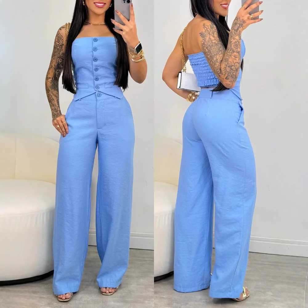 Women Fashion Sexy Summer 2 Pieces Outfit Bandeau Button Decor Vest Top Casual Wide Leg Pants Set X250704