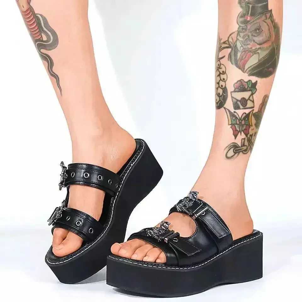 Metal Decoration Women Slippers Designer Summer Sandals Buckles Vampire Cosplay Platform Black Gothic Shoes for Women Slippers W250704