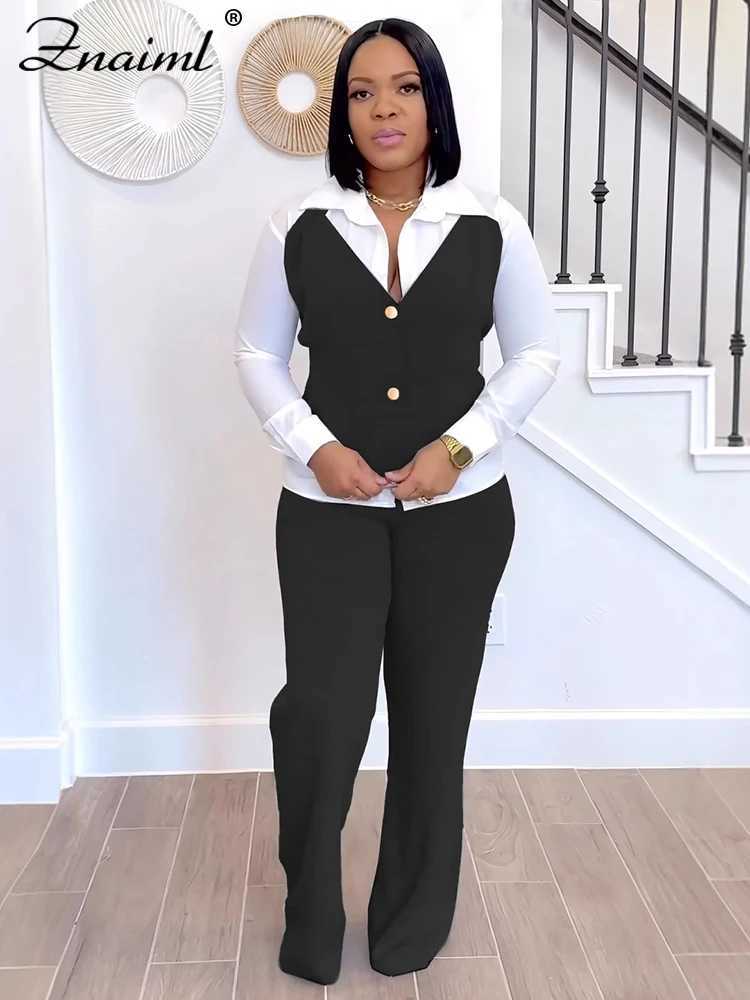 Znaiml Elegant Office Womens Long Slve Patchwork Vest Shirt and Straight Pants Two 2 Piece Sets Work Suits Matching Outfits X250704