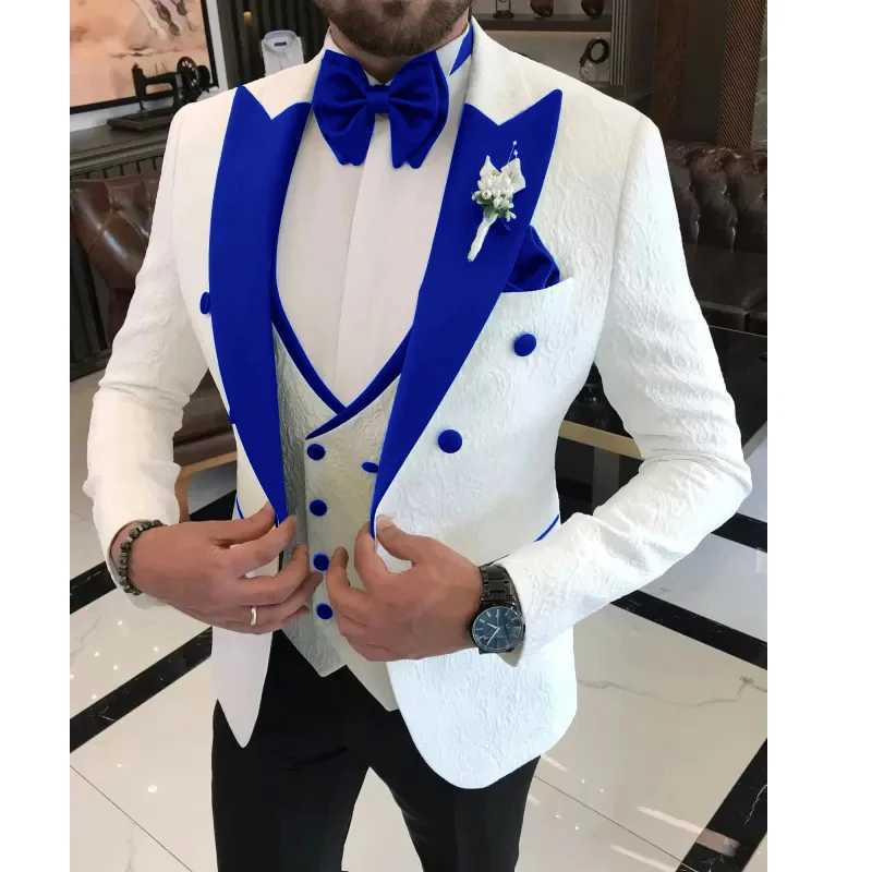 2024 Men Wedding Suits Formal White Jacquard Men Suit Set Slim Fit Groom Tuxedos Groomsman Blazer Suits For Men 3 Piece X250704