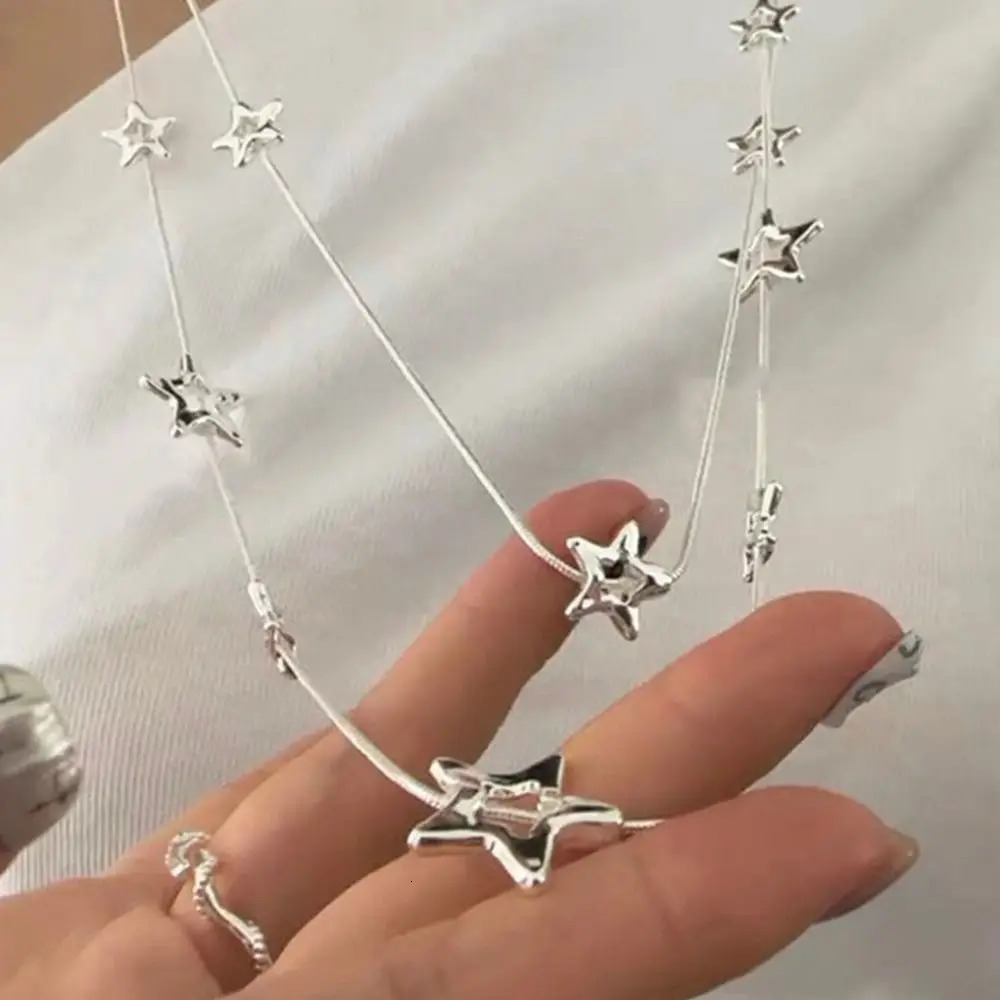 Alloy Pentagram Star Pendant Silver Color Punk Long Chain Necklace Double Layer Y2K Style Choker 250701