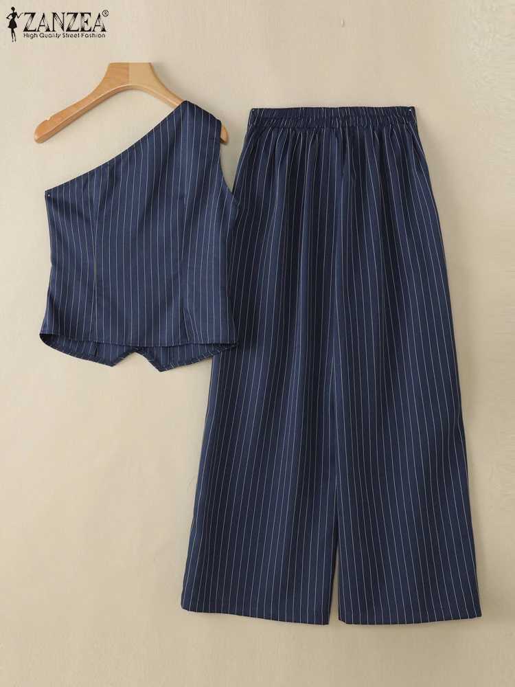 ZANZEA Sexy One-Shoulder Tops Fashion Two Piece Outfits Strtwear Woman Striped Summer 2 Pieces Sets Wide-Leg Pants Pant Sets X250704