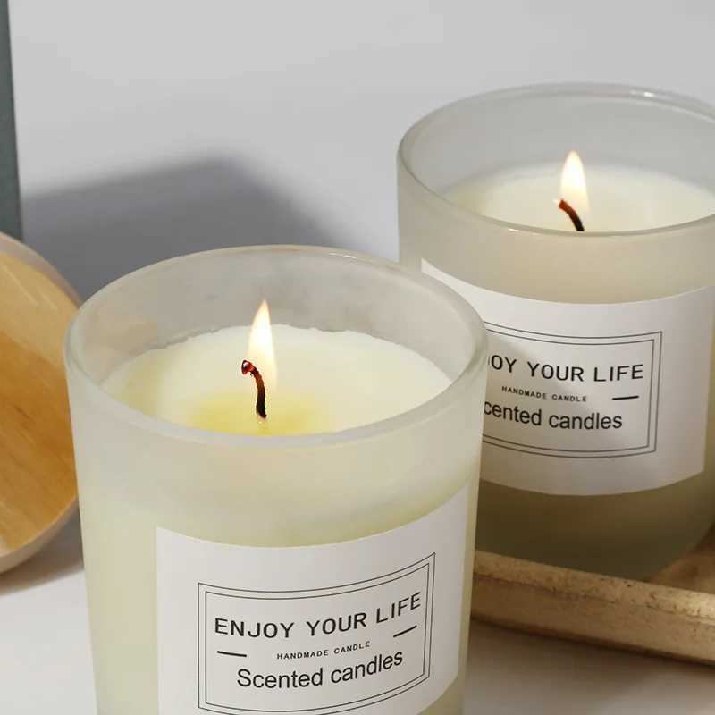 7x 8.4cm Wooden Lid Frosted Glass Jar Candle Soy Wax Aromatherapy Candle Wedding Smokeless Bamboo Lemon Rose Fragrance Gift W250704