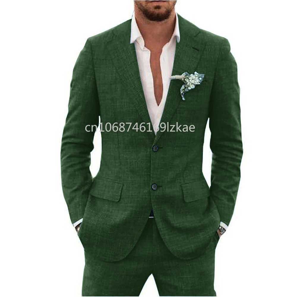 2024 Linen Suiting Fabric Full Mens Suit Lapel Collar Single-breasted 2 Piece Set Elegant Mens Suits High Quality Blazer X250704