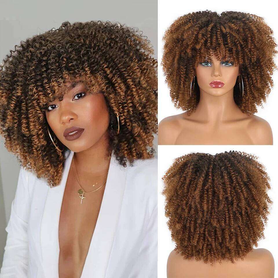 Synthetic Short Kinky Curly Wigs For Black Women Daily Party Use Brown Bouncy Wig Heat Resistant Hair 14 Inch