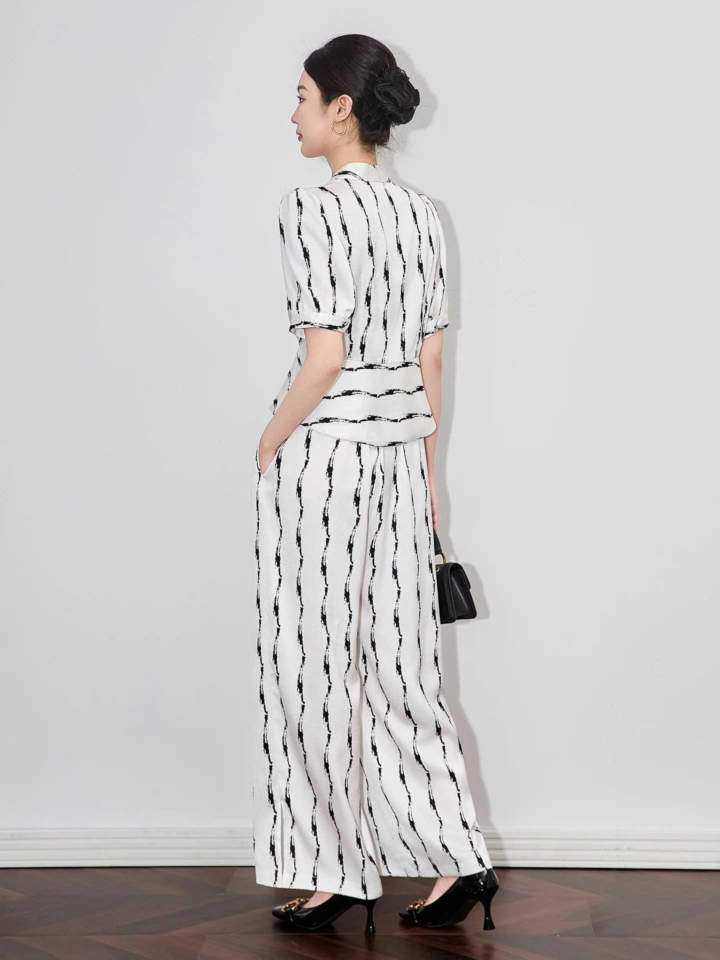 ZJYT Elegant Lady Summer Striped Print Top And Pant Sets 2 Piece Womens Outfit White Trousers Suit Conjuntos Femininos 2025 New X250704